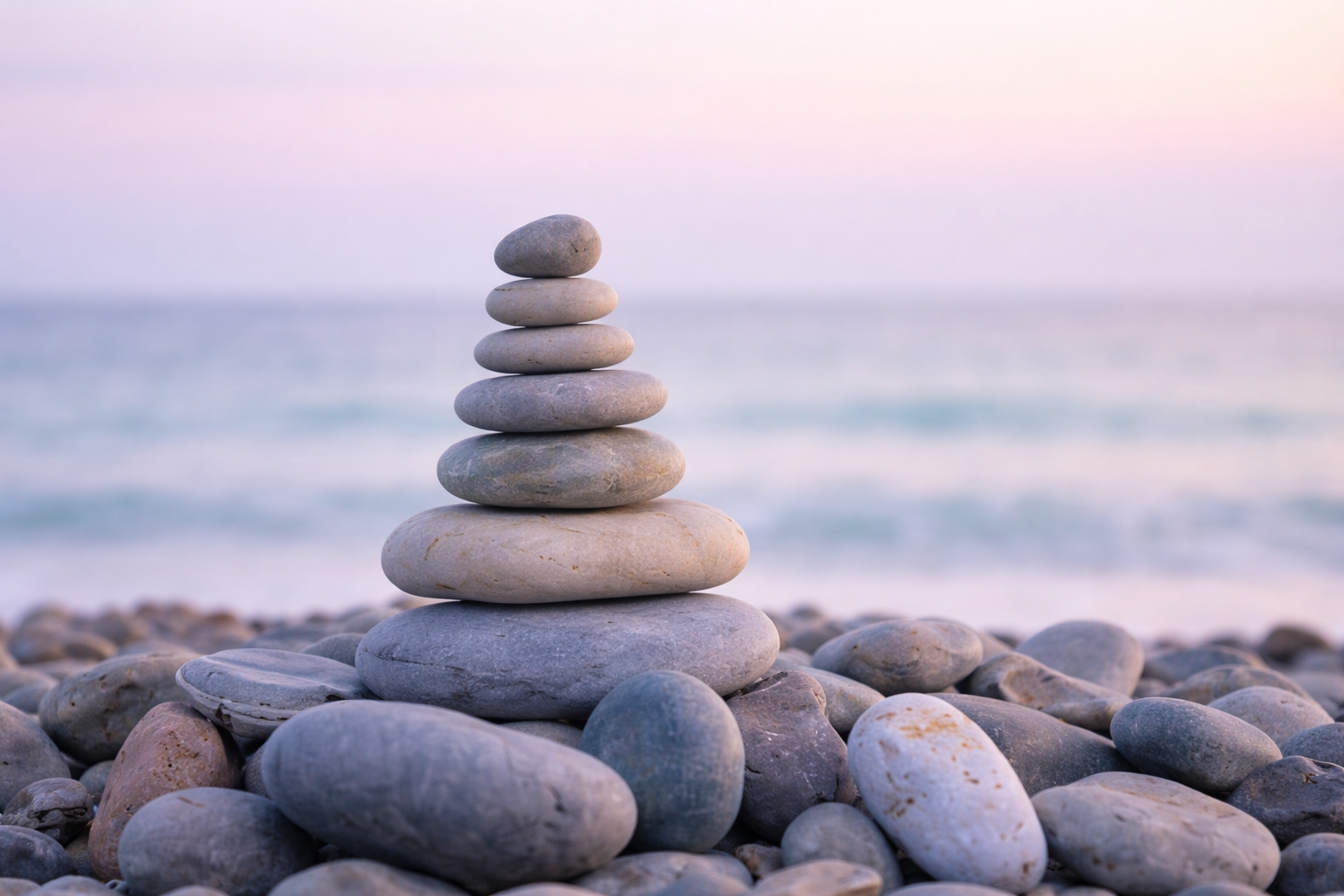 Balanced stacked rocks on beach - representing harmony and healing