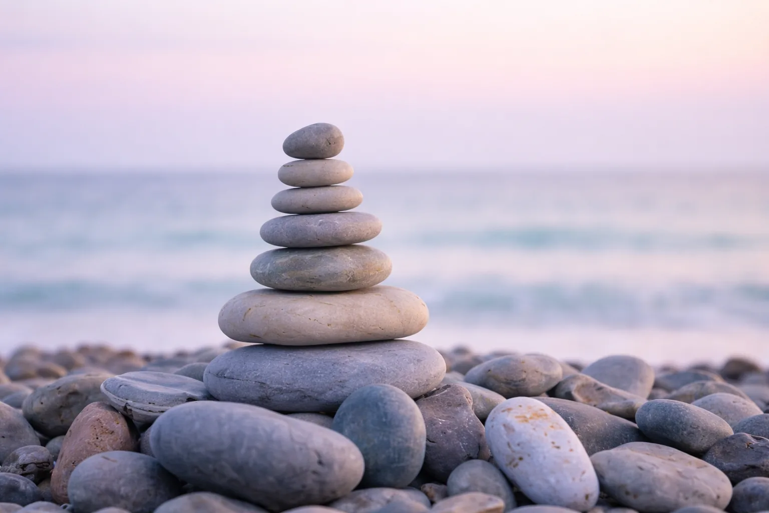 Balanced stacked rocks on beach - representing harmony and healing